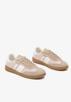 Ciemnobeżowe Sneakersy na Kauczukowej Podeszwie Ozdobione Paskami Emidi