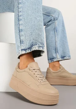 Ciemnobeżowe Sneakersy na Platformie Ozdobionej Tłoczeniem Vaiviera