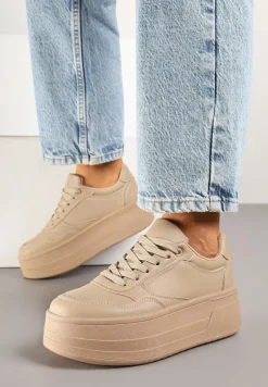 Ciemnobeżowe Sneakersy na Platformie Ozdobionej Tłoczeniem Vaiviera