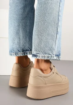 Ciemnobeżowe Sneakersy na Platformie Ozdobionej Tłoczeniem Vaiviera