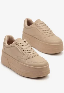 Ciemnobeżowe Sneakersy na Platformie Ozdobionej Tłoczeniem Vaiviera