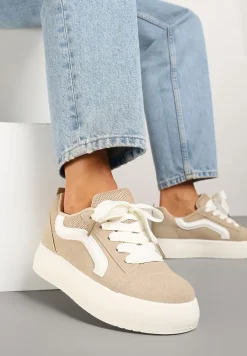 Ciemnobeżowe Sneakersy na Platformie z Geometrycznym Wzorem Kornelna