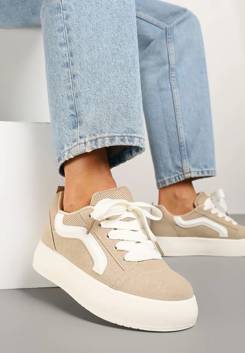 Ciemnobeżowe Sneakersy na Platformie z Geometrycznym Wzorem Kornelna