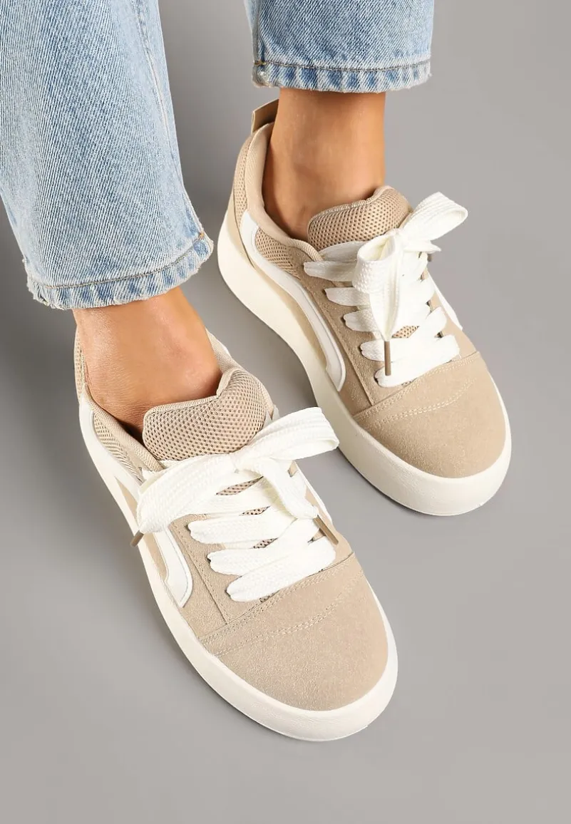 Ciemnobeżowe Sneakersy na Platformie z Geometrycznym Wzorem Kornelna