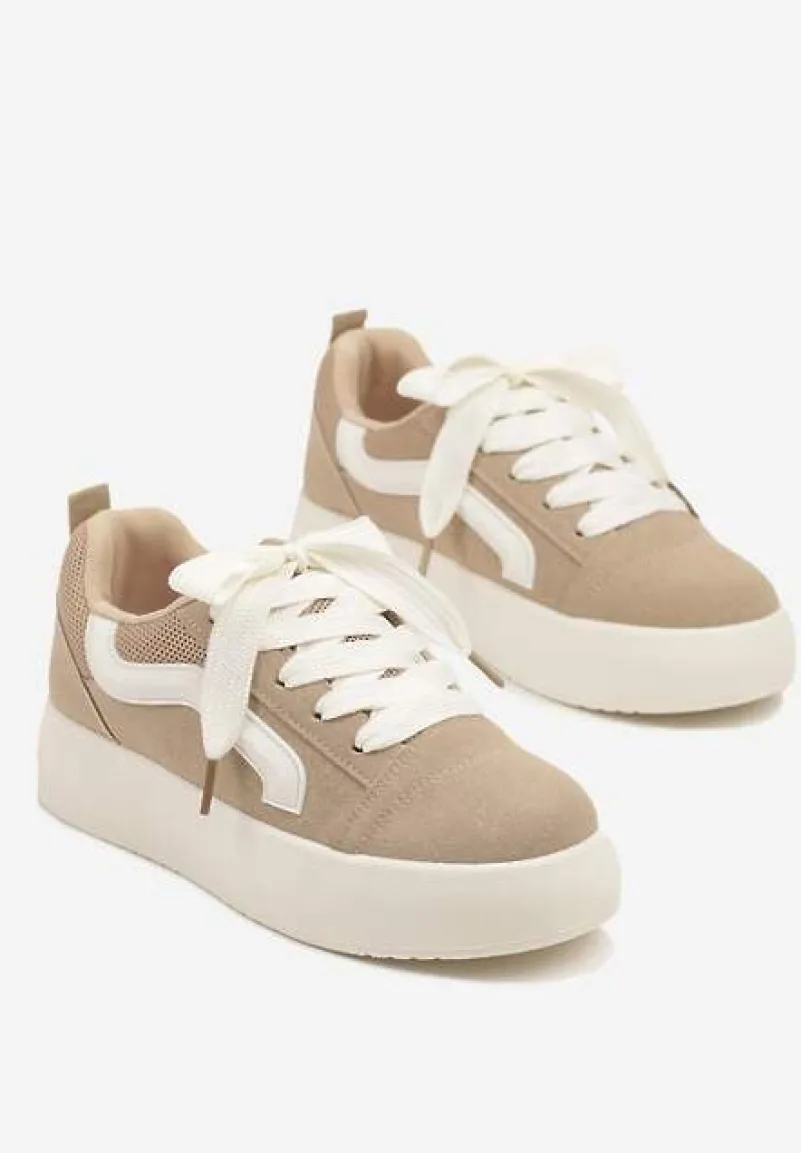 Ciemnobeżowe Sneakersy na Platformie z Geometrycznym Wzorem Kornelna