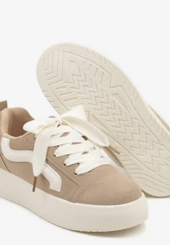 Ciemnobeżowe Sneakersy na Platformie z Geometrycznym Wzorem Kornelna