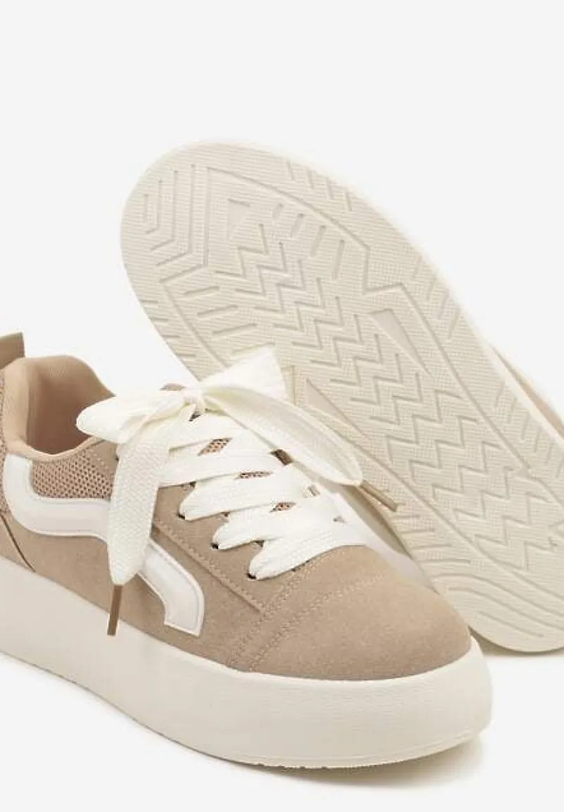 Ciemnobeżowe Sneakersy na Platformie z Geometrycznym Wzorem Kornelna