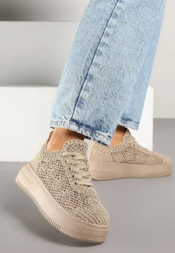 Ciemnobeżowe Sneakersy na Platformie z Ażurowym Wykończeniem Isdisane