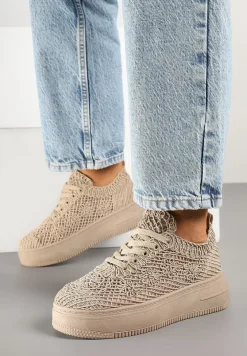 Ciemnobeżowe Sneakersy na Platformie z Ażurowym Wykończeniem Isdisane