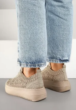 Ciemnobeżowe Sneakersy na Platformie z Ażurowym Wykończeniem Isdisane