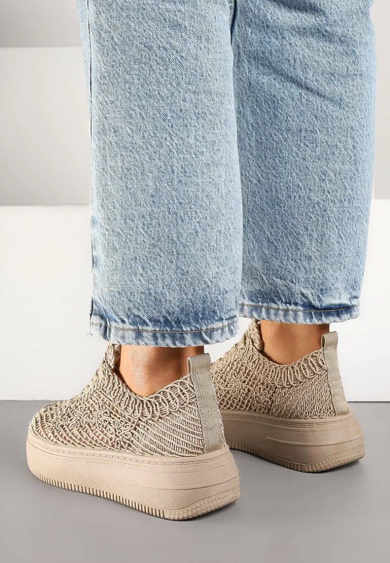 Ciemnobeżowe Sneakersy na Platformie z Ażurowym Wykończeniem Isdisane