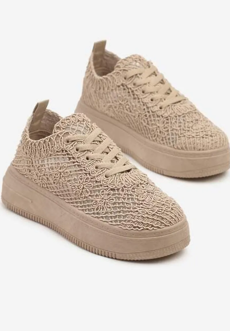 Ciemnobeżowe Sneakersy na Platformie z Ażurowym Wykończeniem Isdisane