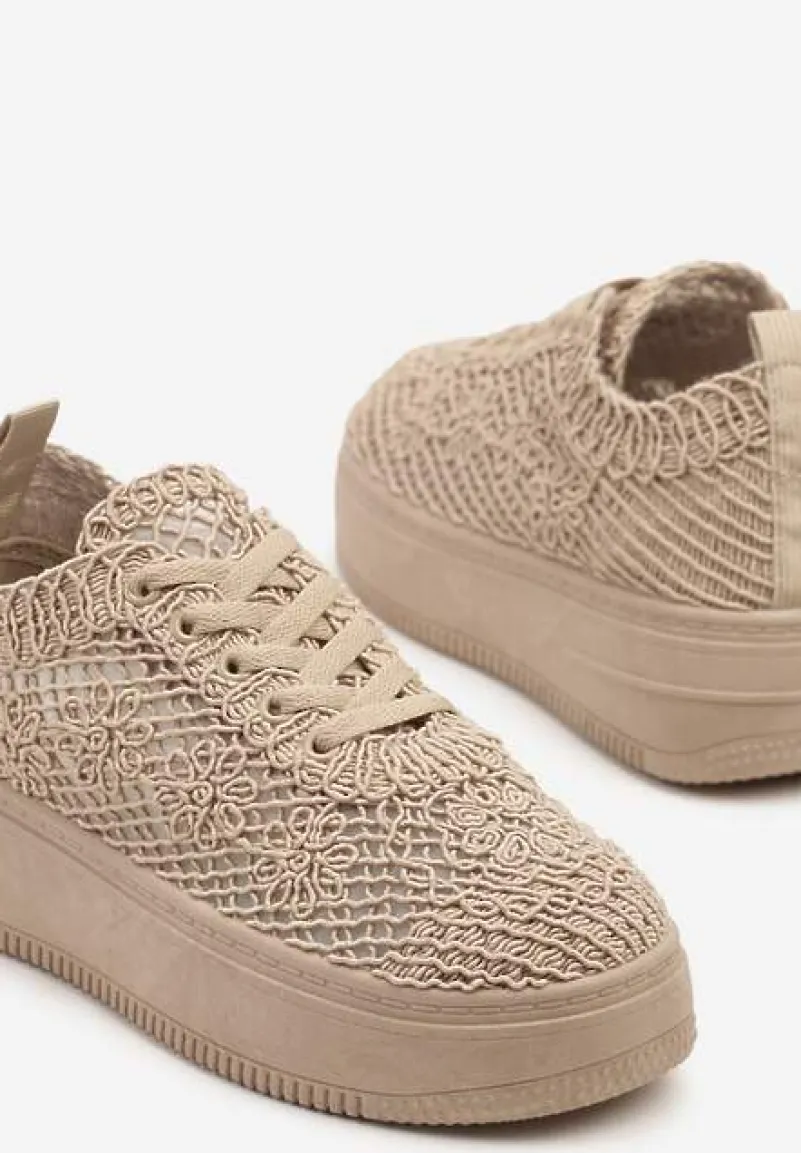 Ciemnobeżowe Sneakersy na Platformie z Ażurowym Wykończeniem Isdisane