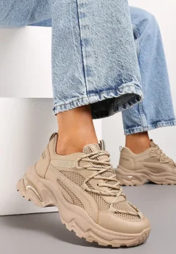 Ciemnobeżowe Sneakersy na Masywnej Podeszwie z Siateczkowym Wstawkami i Ozdobnymi Sznurówkami Ollavia