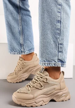 Ciemnobeżowe Sneakersy na Masywnej Podeszwie z Siateczkowym Wstawkami i Ozdobnymi Sznurówkami Ollavia