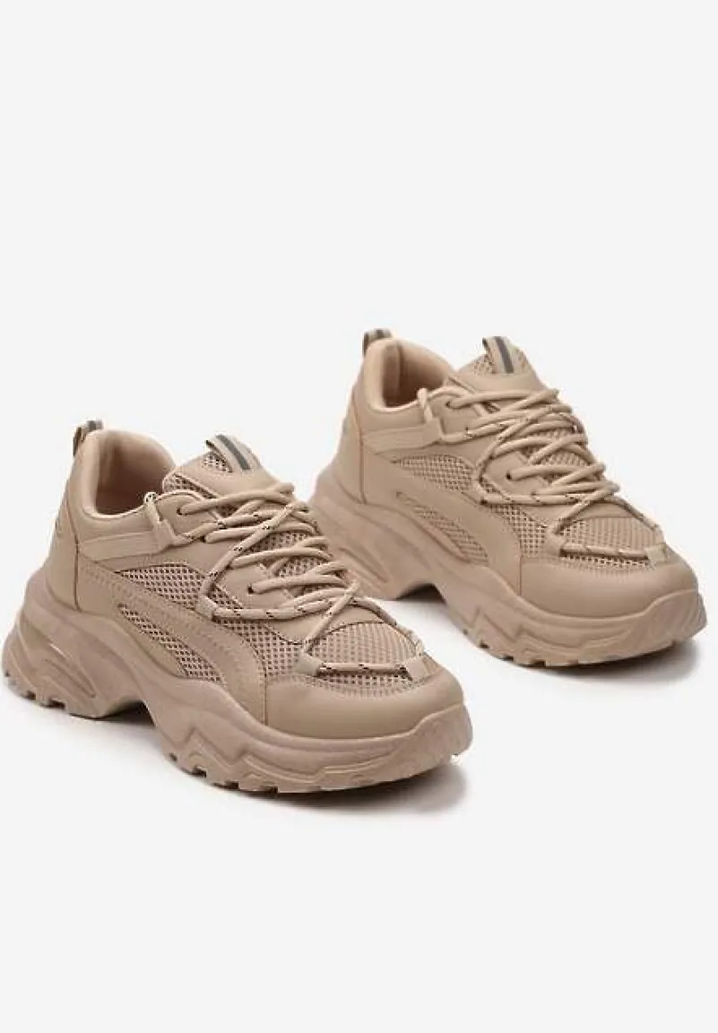 Ciemnobeżowe Sneakersy na Masywnej Podeszwie z Siateczkowym Wstawkami i Ozdobnymi Sznurówkami Ollavia