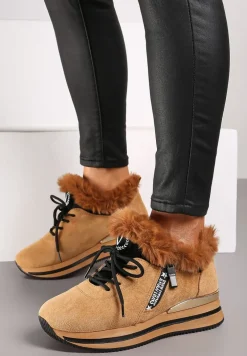 Ciemnobeżowe Sneakersy na Płaskiej Podeszwie z Napisem i Futerkiem Taricea