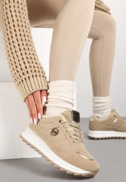 Ciemnobeżowe Sneakersy na Płaskiej Podeszwie z Metaliczną Ozdobą i Ociepleniem Solirra