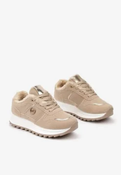 Ciemnobeżowe Sneakersy na Płaskiej Podeszwie z Metaliczną Ozdobą i Ociepleniem Solirra