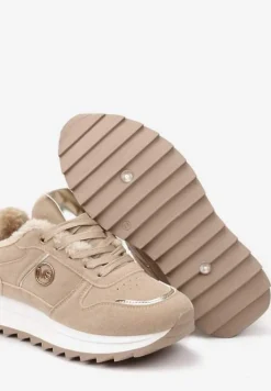 Ciemnobeżowe Sneakersy na Płaskiej Podeszwie z Metaliczną Ozdobą i Ociepleniem Solirra