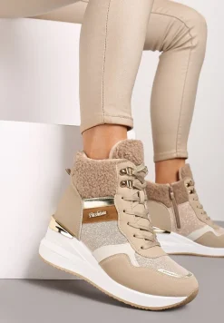 Ciemnobeżowe Sneakersy na Koturnie z Wysoką Cholewką Ozdobione Brokatem Sinthera