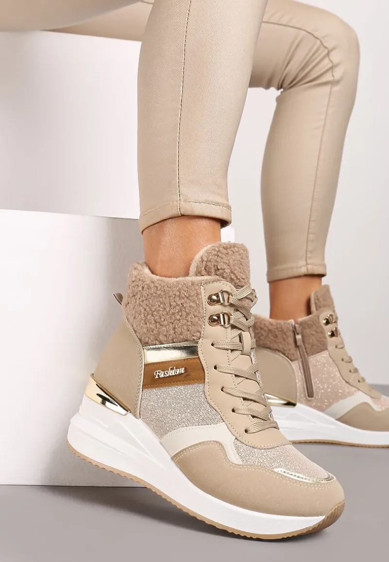 Ciemnobeżowe Sneakersy na Koturnie z Wysoką Cholewką Ozdobione Brokatem Sinthera