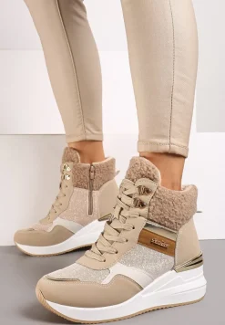 Ciemnobeżowe Sneakersy na Koturnie z Wysoką Cholewką Ozdobione Brokatem Sinthera