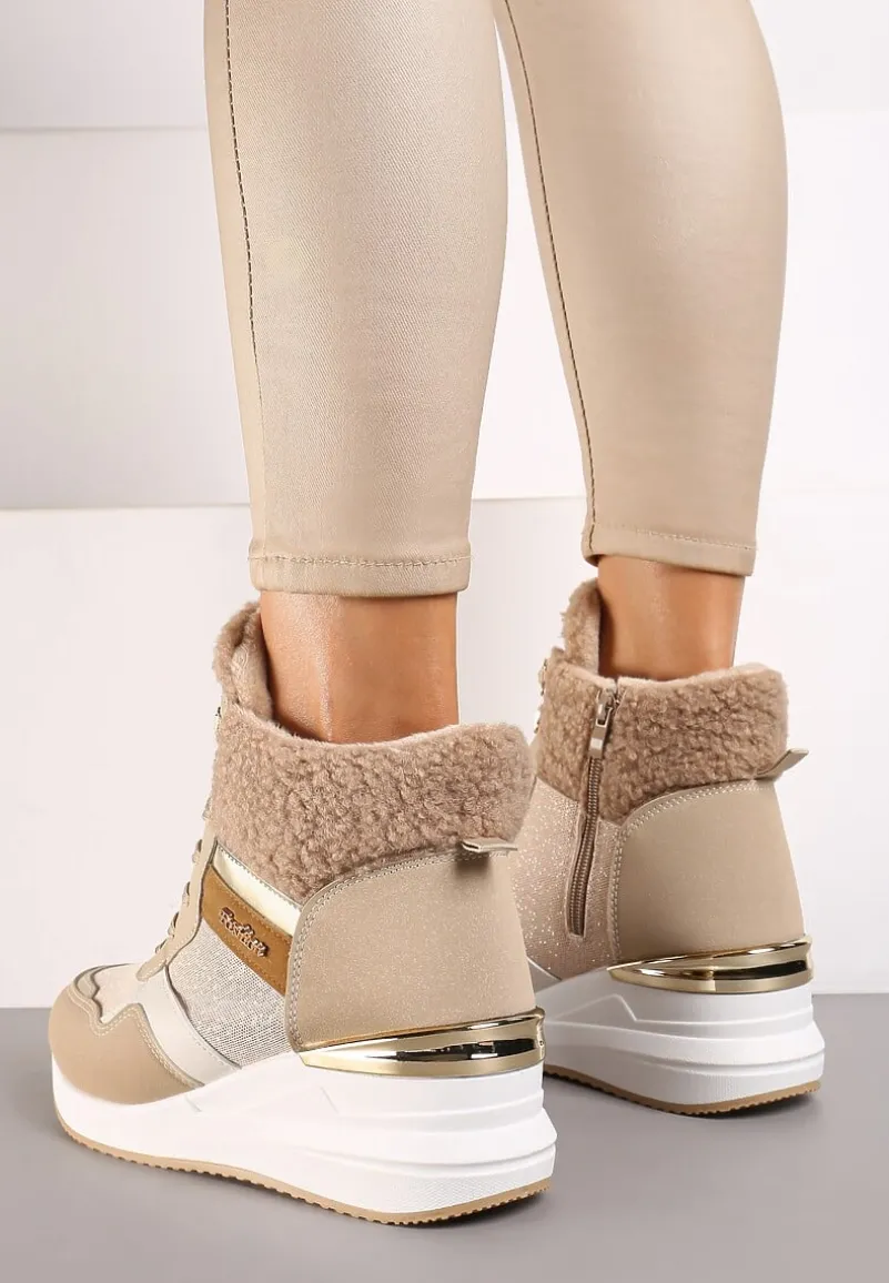 Ciemnobeżowe Sneakersy na Koturnie z Wysoką Cholewką Ozdobione Brokatem Sinthera