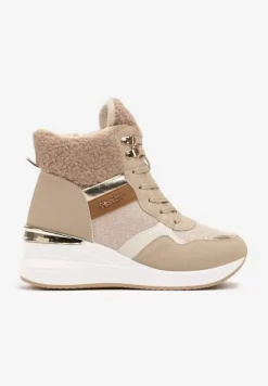 Ciemnobeżowe Sneakersy na Koturnie z Wysoką Cholewką Ozdobione Brokatem Sinthera