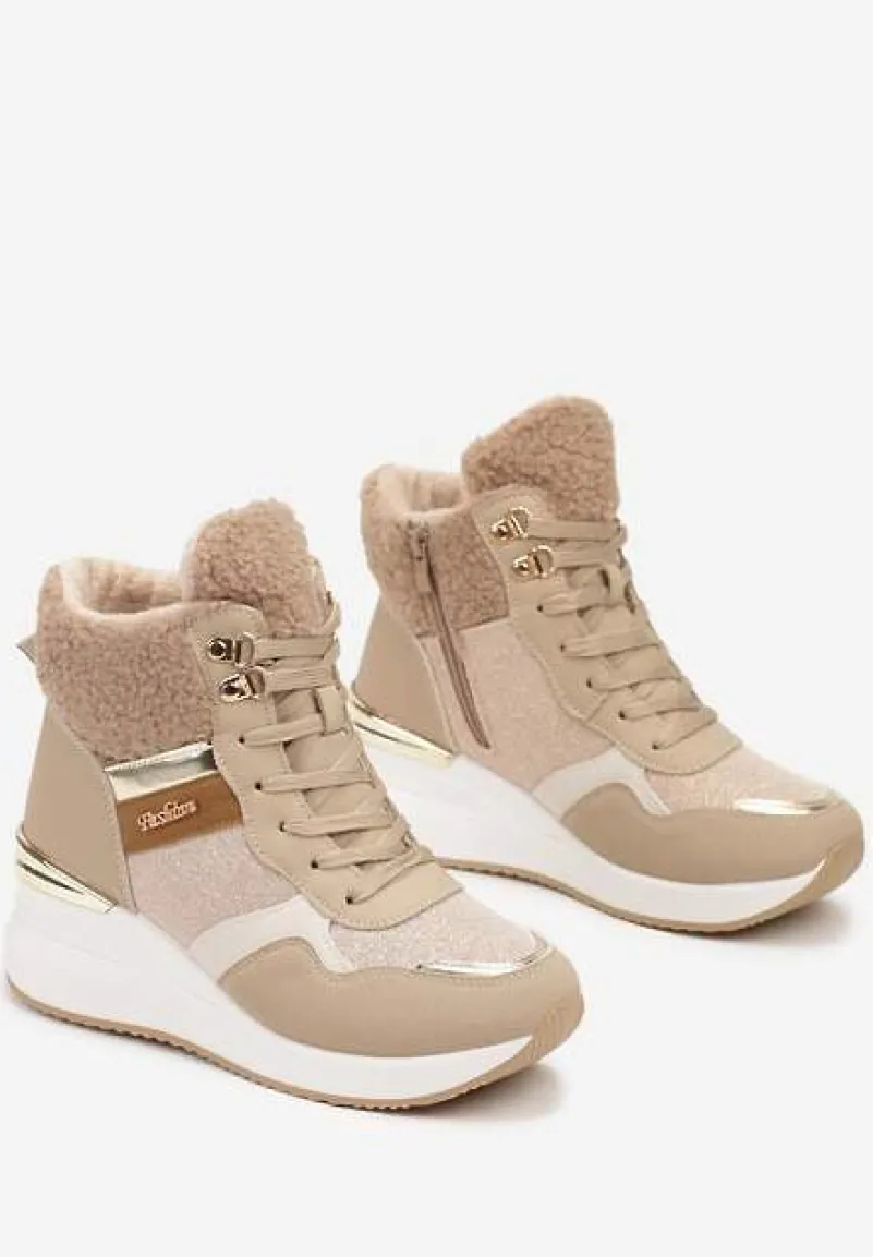 Ciemnobeżowe Sneakersy na Koturnie z Wysoką Cholewką Ozdobione Brokatem Sinthera