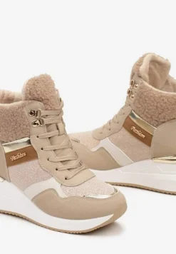 Ciemnobeżowe Sneakersy na Koturnie z Wysoką Cholewką Ozdobione Brokatem Sinthera