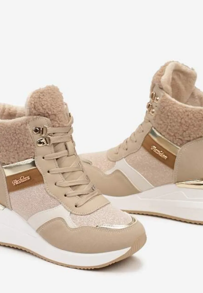 Ciemnobeżowe Sneakersy na Koturnie z Wysoką Cholewką Ozdobione Brokatem Sinthera