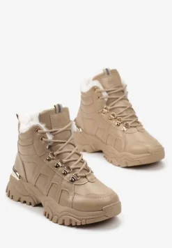 Ciemnobeżowe Sneakersy na Grubej Podeszwie z Ozdobnymi Przeszyciami i Futerkiem Selenita