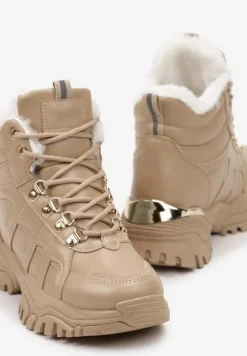 Ciemnobeżowe Sneakersy na Grubej Podeszwie z Ozdobnymi Przeszyciami i Futerkiem Selenita