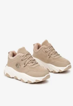 Ciemnobeżowe Sneakersy na Tłoczonej Podeszwie z Futrzaną Wyściółką Doreti