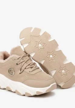 Ciemnobeżowe Sneakersy na Tłoczonej Podeszwie z Futrzaną Wyściółką Doreti