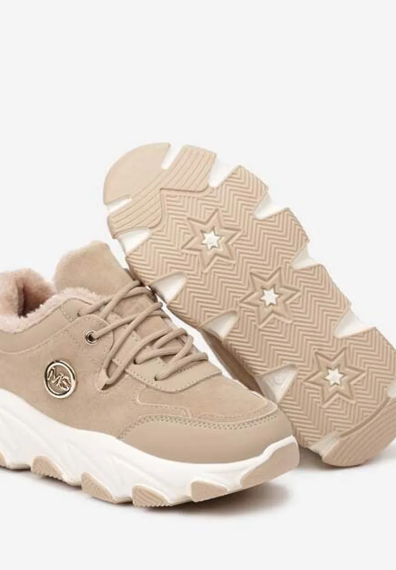 Ciemnobeżowe Sneakersy na Tłoczonej Podeszwie z Futrzaną Wyściółką Doreti