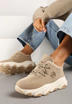 Ciemnobeżowe Sneakersy na Platformie z Metaliczną Ozdobą i Geometrycznym Motywem Delasiel