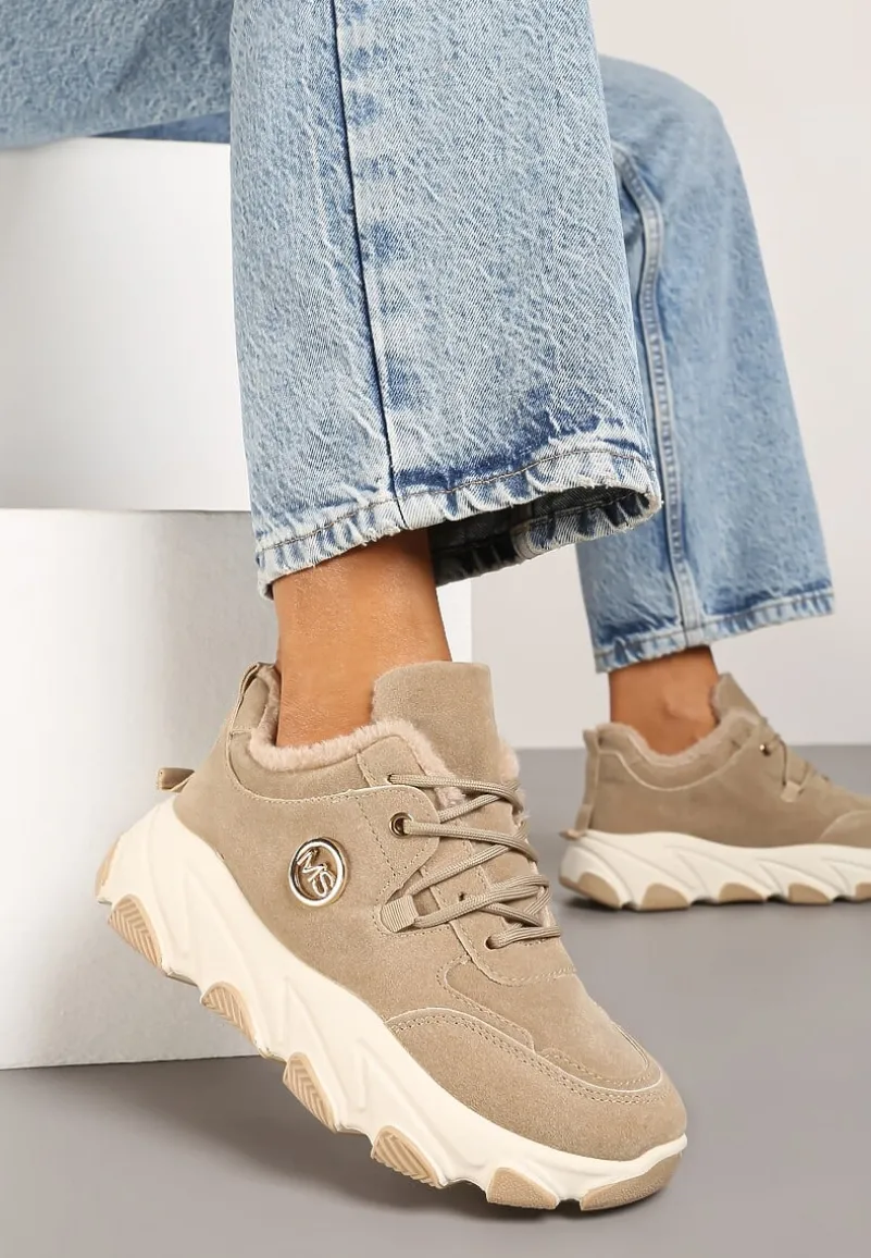 Ciemnobeżowe Sneakersy na Platformie z Metaliczną Ozdobą i Geometrycznym Motywem Delasiel