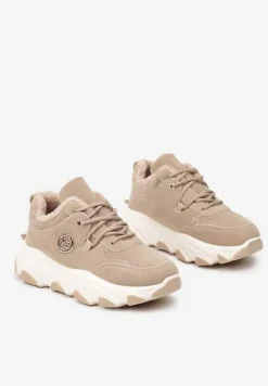 Ciemnobeżowe Sneakersy na Platformie z Metaliczną Ozdobą i Geometrycznym Motywem Delasiel