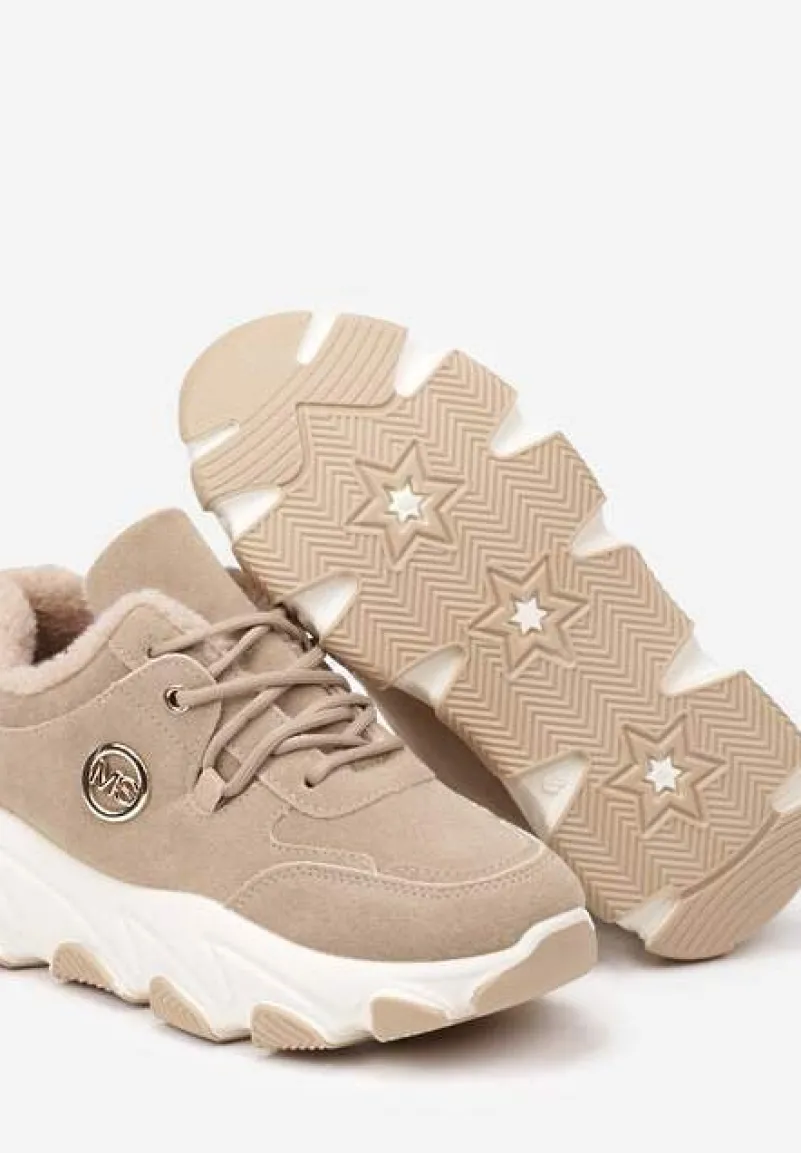 Ciemnobeżowe Sneakersy na Platformie z Metaliczną Ozdobą i Geometrycznym Motywem Delasiel