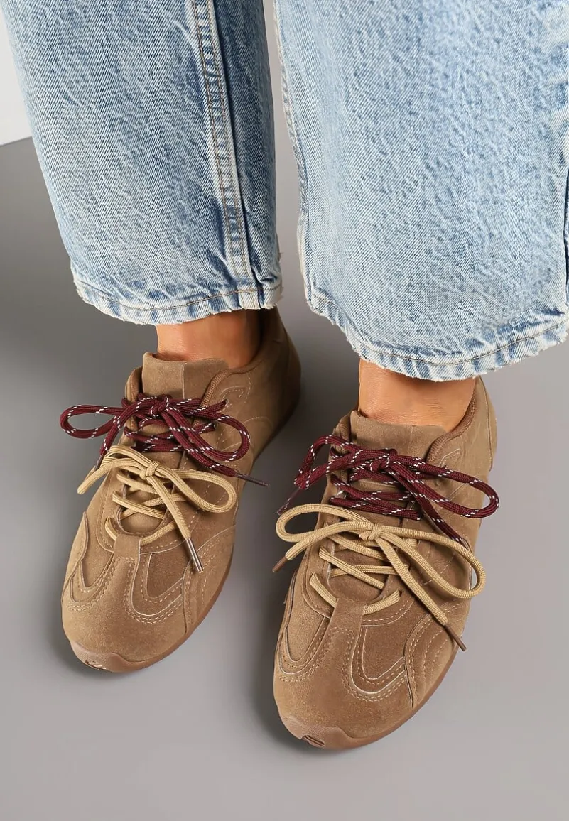 Ciemnobeżowe Sneakersy Ozdobione Podwójnym Sznurowaniem Lirania