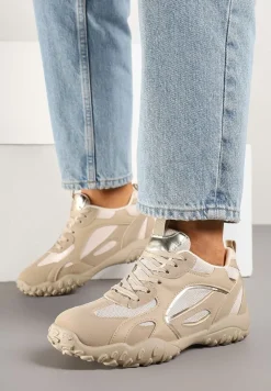 Ciemnobeżowe Sneakersy Ozdobione Tłoczoną Cholewką Pillitha