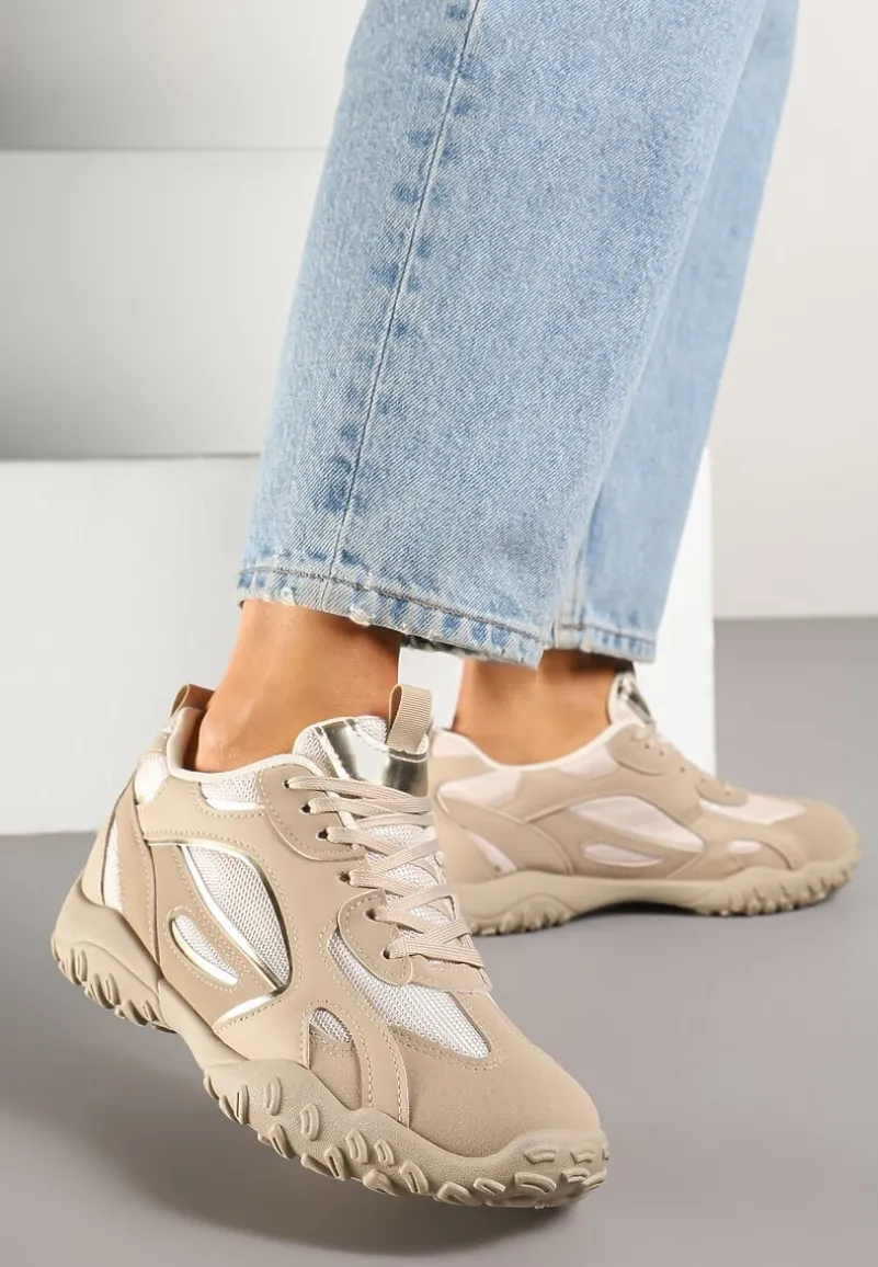 Ciemnobeżowe Sneakersy Ozdobione Tłoczoną Cholewką Pillitha