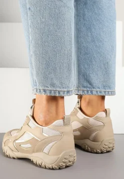 Ciemnobeżowe Sneakersy Ozdobione Tłoczoną Cholewką Pillitha