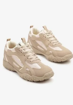 Ciemnobeżowe Sneakersy Ozdobione Tłoczoną Cholewką Pillitha