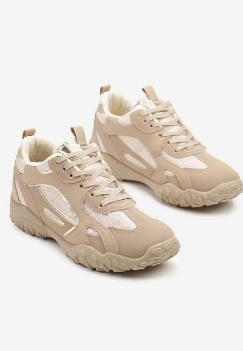 Ciemnobeżowe Sneakersy Ozdobione Tłoczoną Cholewką Pillitha