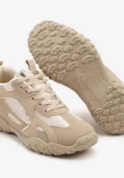 Ciemnobeżowe Sneakersy Ozdobione Tłoczoną Cholewką Pillitha