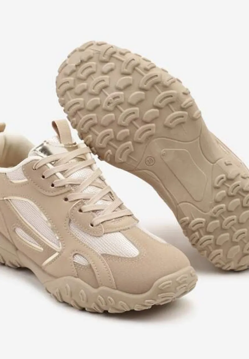 Ciemnobeżowe Sneakersy Ozdobione Tłoczoną Cholewką Pillitha