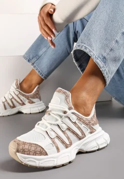 Ciemnobeżowe Sneakersy Ozdobione Tłoczeniem i Wstawkami Keladavia